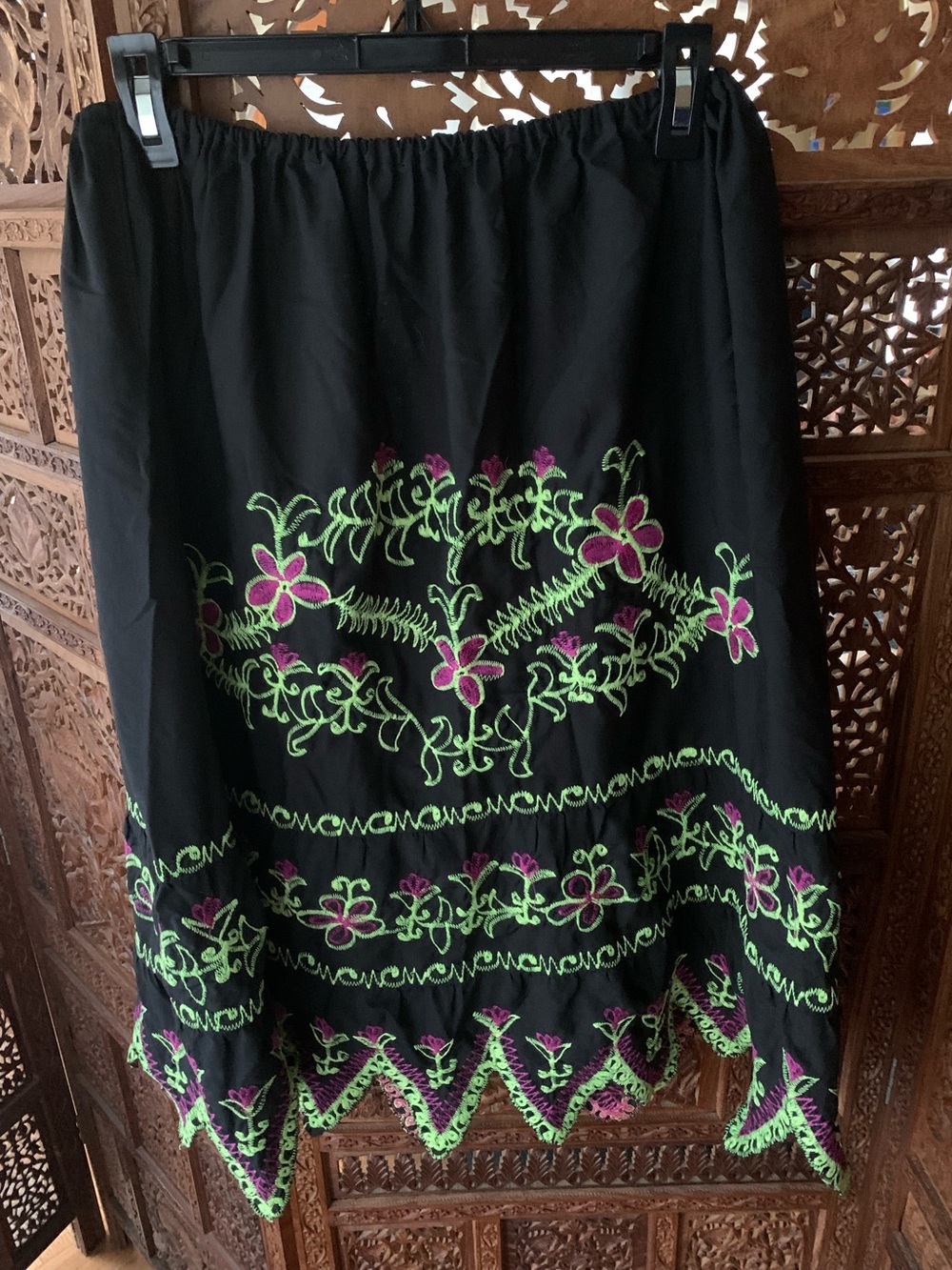 Black Floral Embroidered Midi Skirt - handmade with machine embroidery